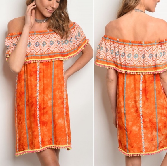 LAST 1!  Mini Pompom Tassel ORANGE BLUE DRESS - Picture 1 of 5